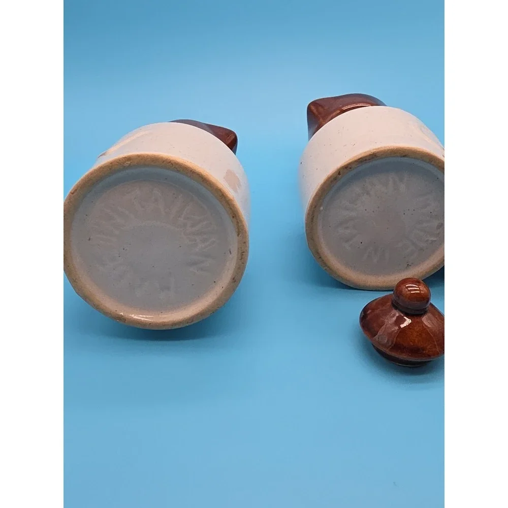 Stoneware Vinegar And Oil Set With Salt/Pepper Well Crock 3 Tone Brown